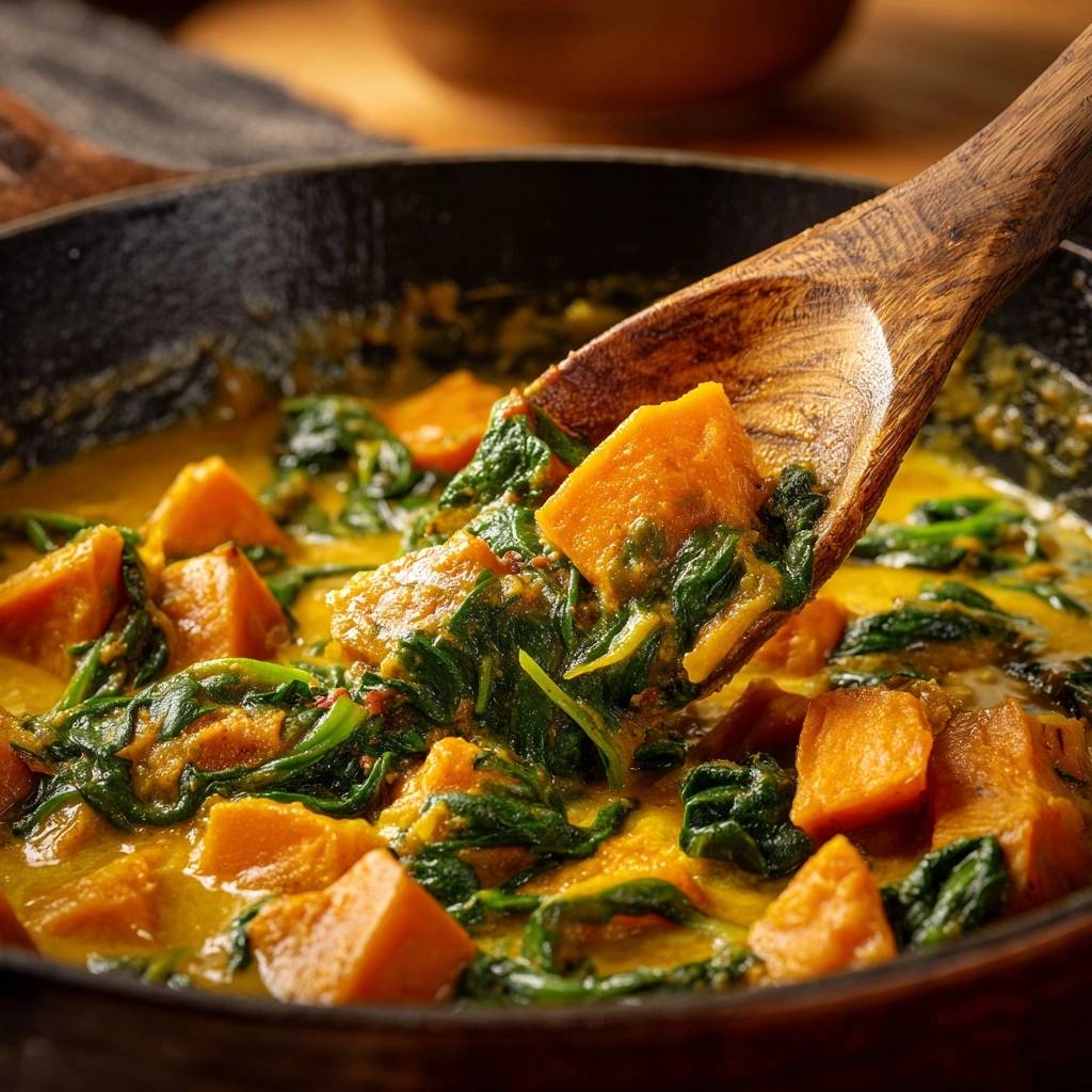 Cremiges Suesskartoffel Spinat Curry Nahaufnahme Lffel 1 Cremiges Süßkartoffel-Spinat-Curry in Nahaufnahme, serviert mit einem Holzlöffel, der die cremige Textur zeigt.