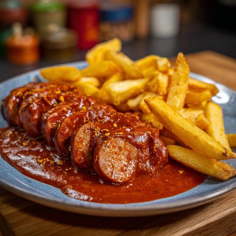 Currywurst mit Pommes serviert auf einem blauen Teller, zusammen mit goldbraunen Pommes Frites, draufsicht.