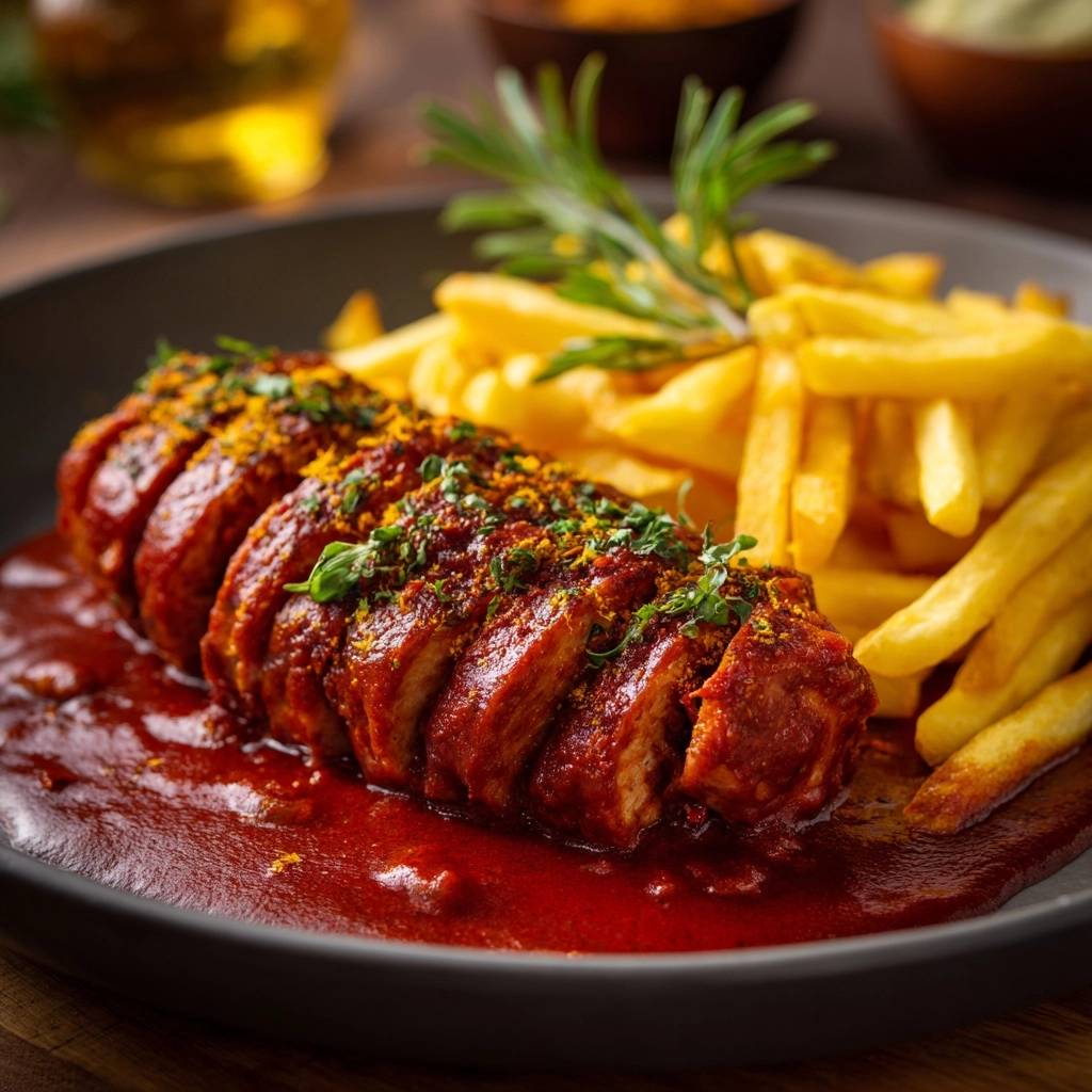 Currywurst mit Pommes serviert auf einem dunklen Teller, garniert mit Currypulver und frischen Kräutern, perfekt für den Genuss.