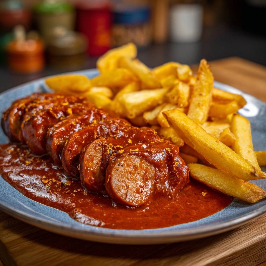 Currywurst mit Pommes serviert auf einem blauen Teller, zusammen mit goldbraunen Pommes Frites, draufsicht.