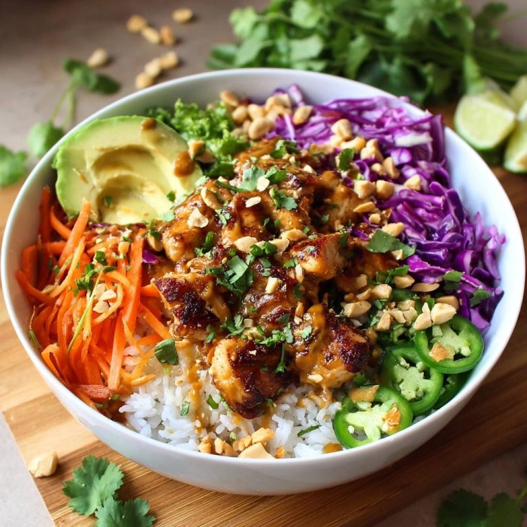 Erdnuss-Hähnchen-Bowl, serviert in einer Schüssel, mit saftigem Hähnchen, frischem Gemüse und Erdnüssen garniert, von oben fotografiert.