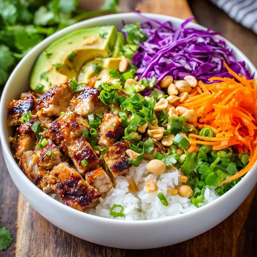Erdnuss Huhn Bowl Draufsicht Serviert 1 Erdnuss-Hähnchen-Bowl von oben serviert, mit saftigem Hähnchen, frischem Gemüse und knackigen Erdnüssen in einer Schüssel.