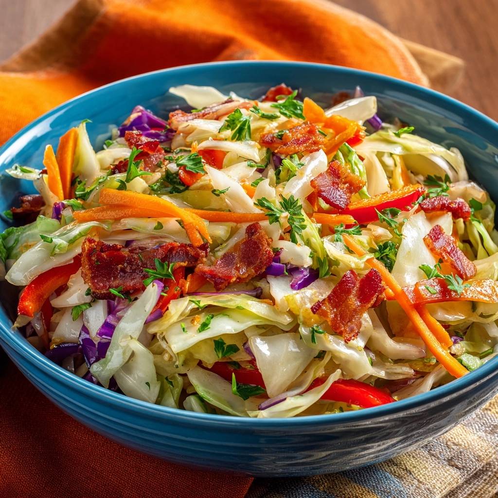 Farbenfroher Krautsalat Mit Speck Draufsicht 1 Farbenfroher Krautsalat mit Speck, serviert in einer blauen Schüssel, bietet eine appetitliche Draufsicht auf das bunte Gericht. Knackiger Krautsalat mit Speck und Gemüse.