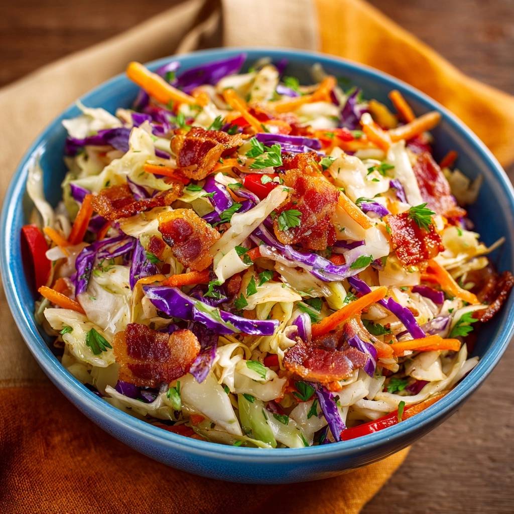 Farbenfroher Krautsalat mit Speck, serviert in einer blauen Schüssel, garniert mit knusprigem Speck und frischer Petersilie. Der Krautsalat ist von oben fotografiert.