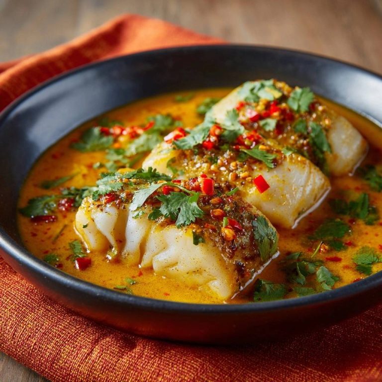 Cremiges Fisch-Kurkuma-Curry mit Chili und Koriander garniert, Nahaufnahme der Fischstücke in der Sauce.