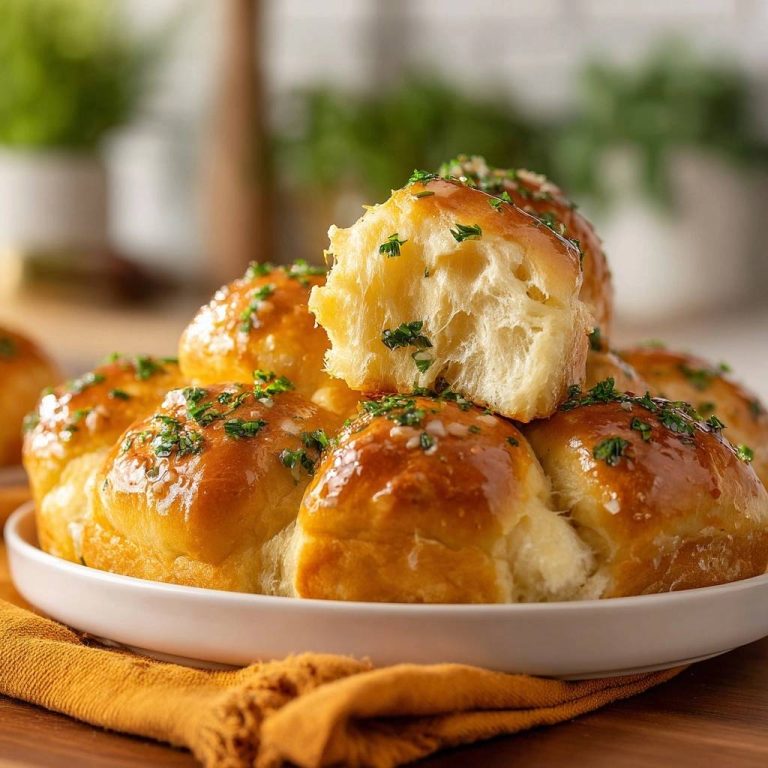 Fluffige Kräuterbutterbrötchen mit Blick auf den weichen, geschichteten Querschnitt, der die Textur zeigt und mit frischen Kräutern garniert ist.