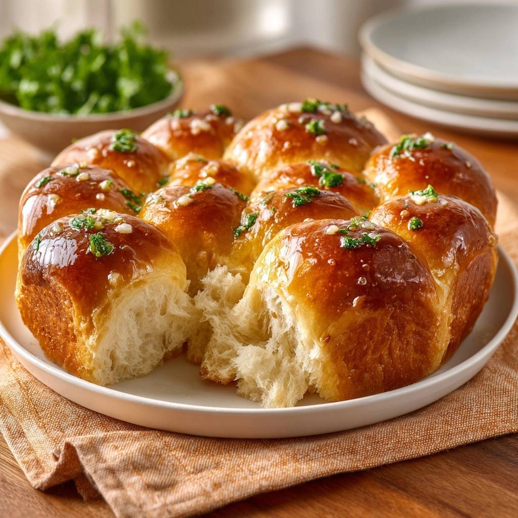Fluffige Kräuterbutterbrötchen in Nahaufnahme, wobei der weiche, luftige Teig in der Mitte zu sehen ist, der zum Servieren bereit ist.