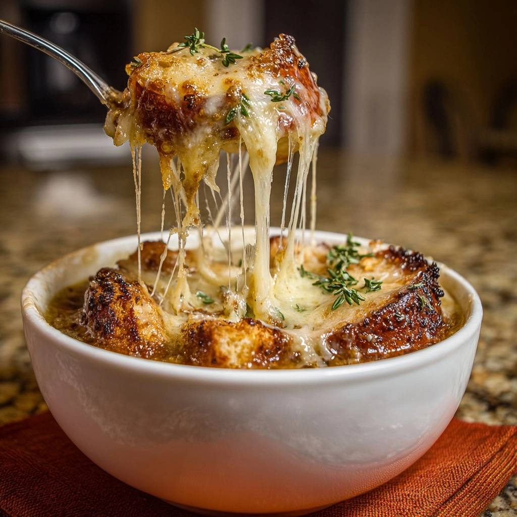 Franz Zwiebelsuppe Kaese Faden 1 Französische Zwiebelsuppe mit einem Löffel geschmolzenen Käses mit langen Fäden, der aus der Schüssel gezogen wird.