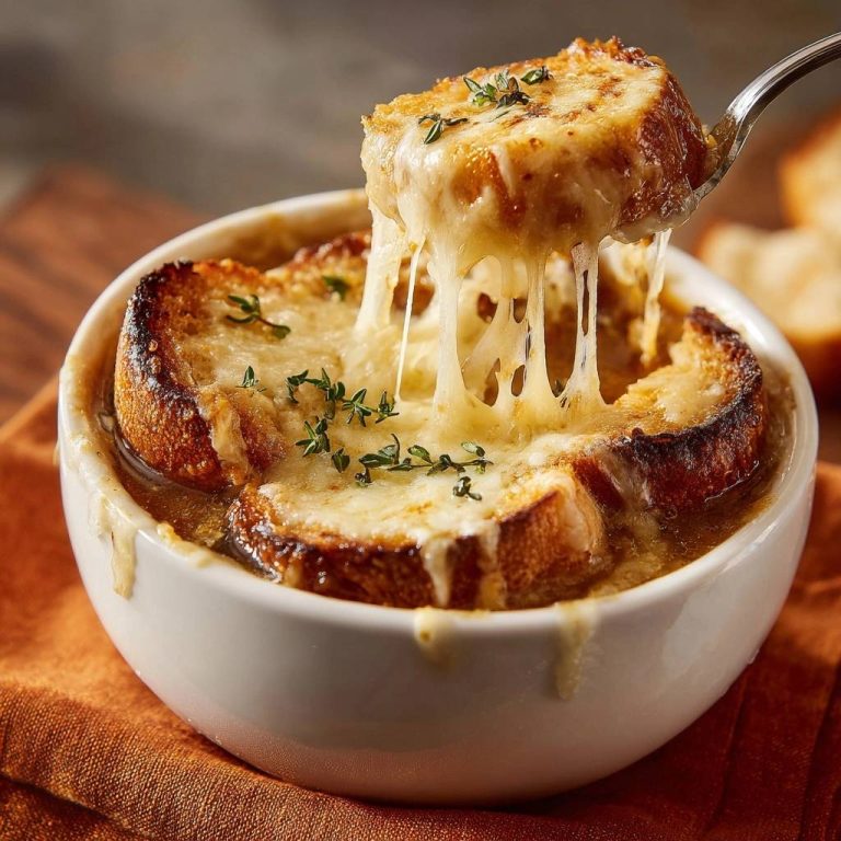 Französische Zwiebelsuppe mit überbackenem Käse, der sich in langen Fäden zieht, auf einem Löffel.
