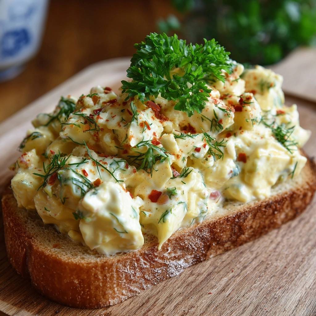 Frischer Paprika Dill Kartoffelsalat Auf Brot Serviert 1 Frischer Paprika-Dill-Kartoffelsalat auf Brot, serviert auf einem rustikalen Holzbrett, garniert mit frischen Kräutern und Paprikaflocken.