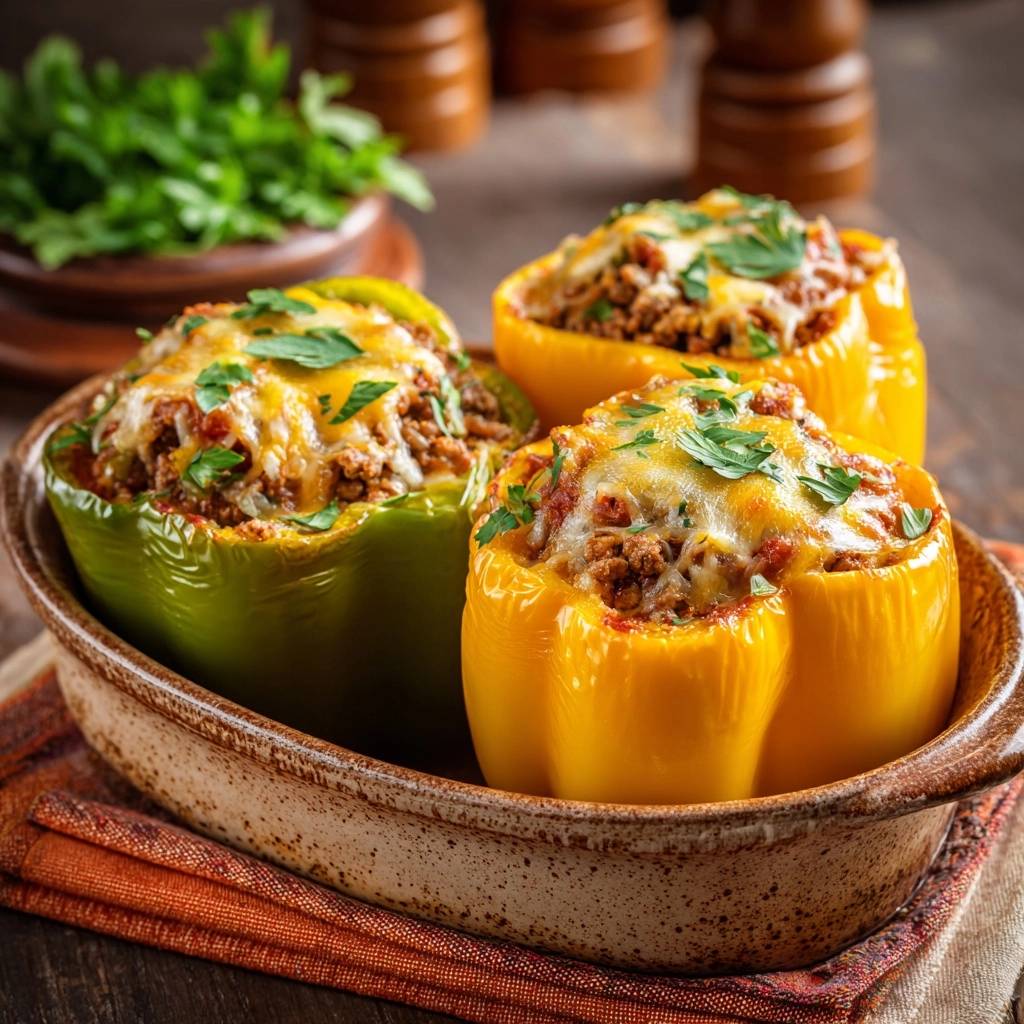 Gefuellte Paprika Mit Hack Und Kaese Serviert 1 Gefüllte Paprika mit Hack, Reis & Käse serviert in einer Auflaufform, garniert mit frischer Petersilie und geschmolzenem Käse.