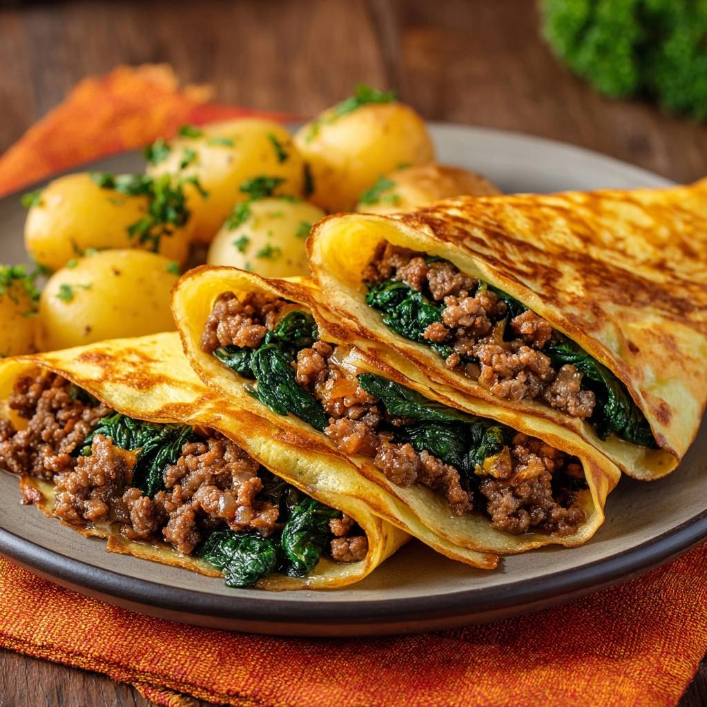 Gefüllte Spinat-Hack-Pfannkuchen im Querschnitt, gefüllt mit Hackfleisch und Spinat, serviert mit Petersilienkartoffeln auf einem Teller.