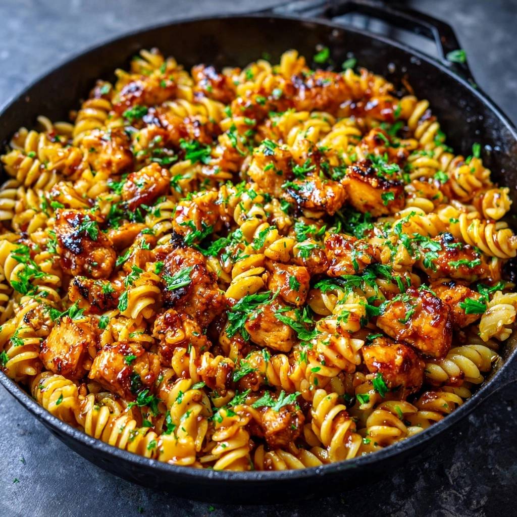Glasierte Hähnchen-Fusilli von oben betrachtet, serviert in einer gusseisernen Pfanne mit frischer Petersilie garniert. Ein einfaches und schnelles Abendessen.