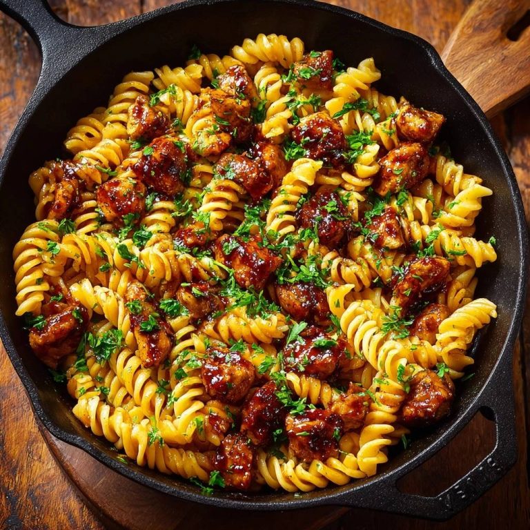 Glasierte Hähnchen-Fusilli in einer gusseisernen Pfanne, serviert mit frischer Petersilie und einer köstlichen Glasur. Das Gericht ist aus der Vogelperspektive aufgenommen.