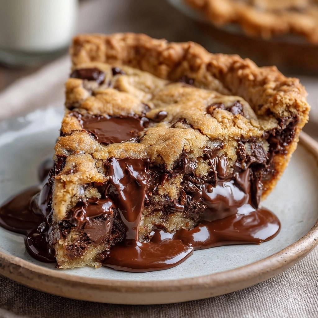Gooey Schoko-Chip Cookie Pie mit einem warmen, schmelzenden Inneren. Ein köstliches Stück mit reichlich Schokolade.