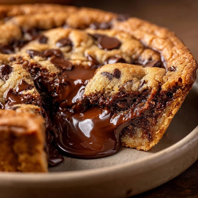 Gooey Schoko-Chip Cookie Pie mit flüssiger Schokoladenfüllung, ein köstlicher Querschnitt zeigt das schmelzende Innere.