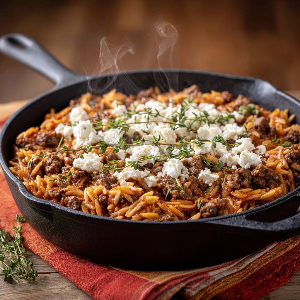 Griechisches Hack-Orzo mit Feta in der Pfanne, frisch zubereitet und dampfend, mit Feta-Käse und Thymian garniert.