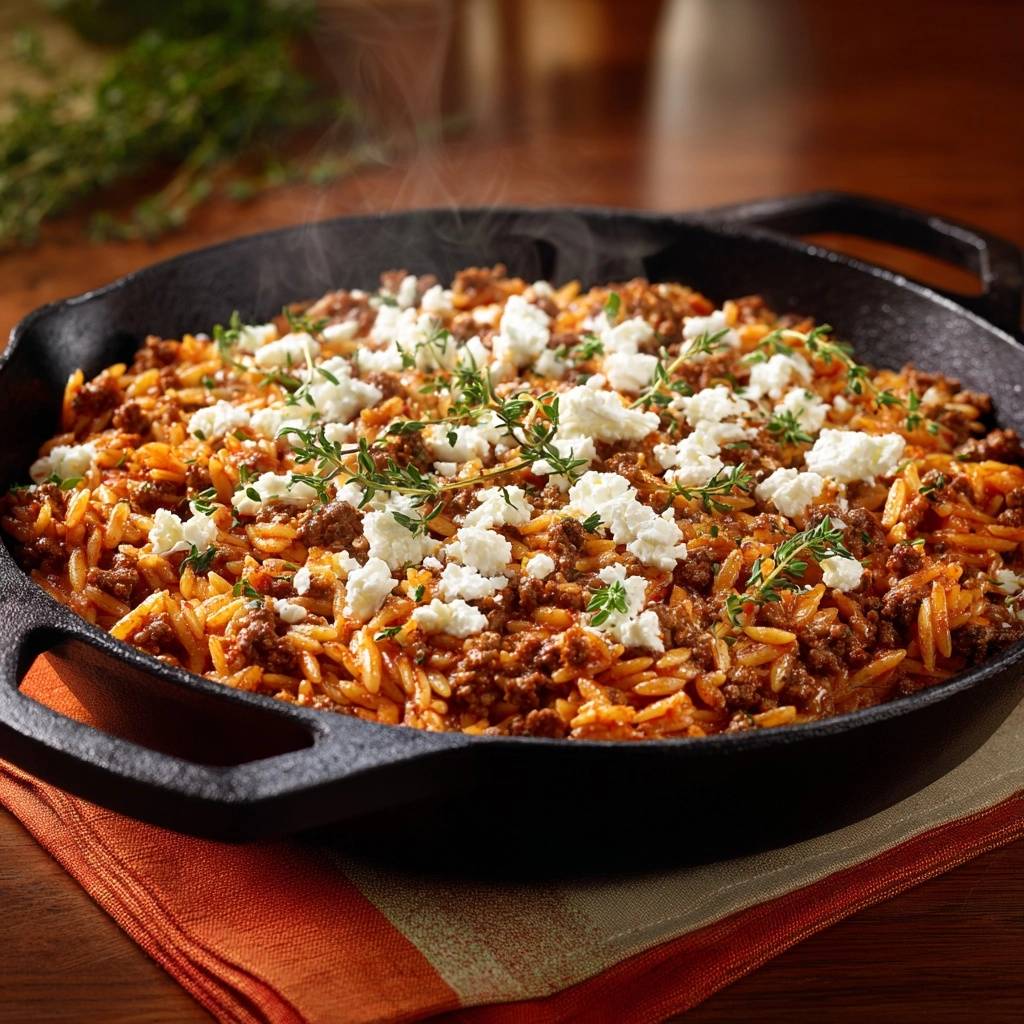 Griechisches Hack-Orzo mit Feta in einer gusseisernen Pfanne, garniert mit frischen Kräutern und köstlichem Feta-Käse.