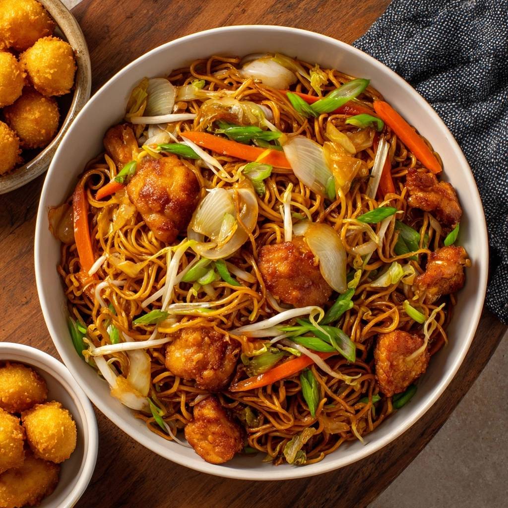 Hähnchen-Chow-Mein mit knusprigen Chicken Balls, serviert in einer großen weißen Schüssel mit Gemüse und Nudeln, aus der Vogelperspektive.