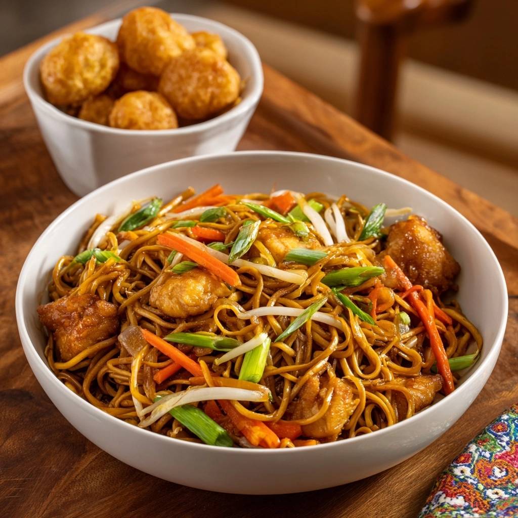 Hähnchen-Chow-Mein mit knusprigen Chicken Balls, Nahaufnahme der Nudeln mit Gemüse und Fleischstücken.