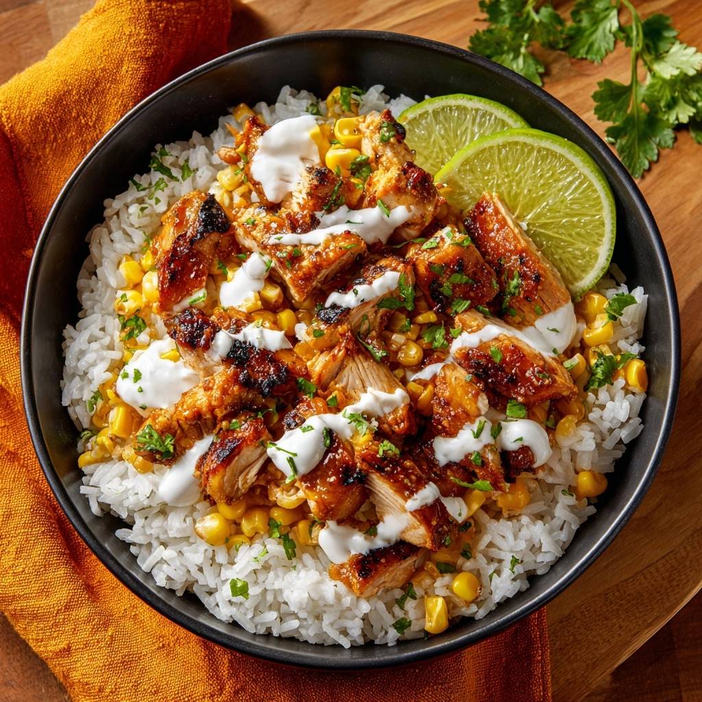 Hahnchen Tikka Bowl Detail Garniert 1 Saftige Hähnchen-Tikka-Bowl mit Reis und Mais, garniert mit Joghurt-Dressing und Limettenscheiben.