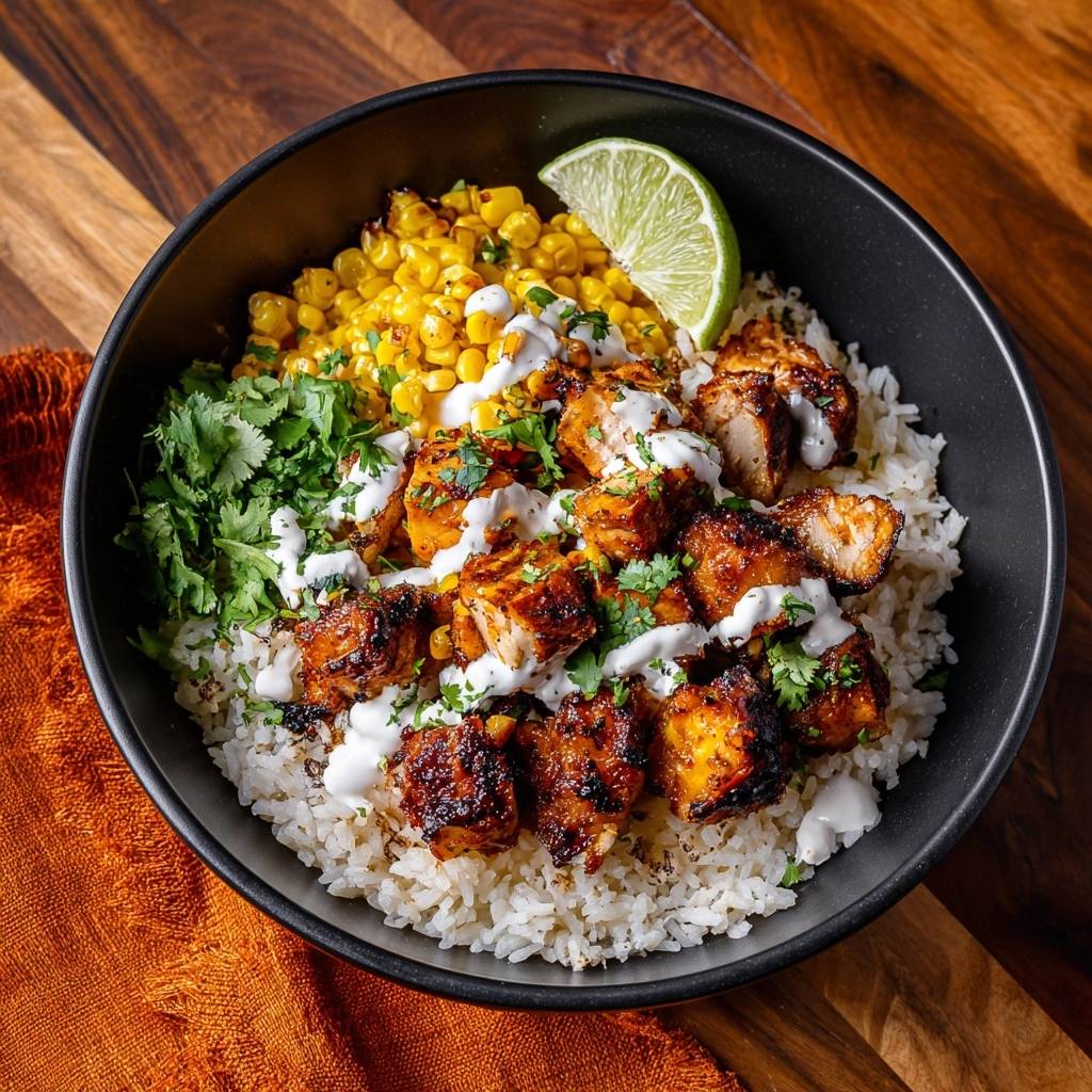 Saftige Hähnchen-Tikka-Bowl, eine Nahaufnahme mit Hähnchenstücken, Reis, Mais und Koriander, beträufelt mit Soße.