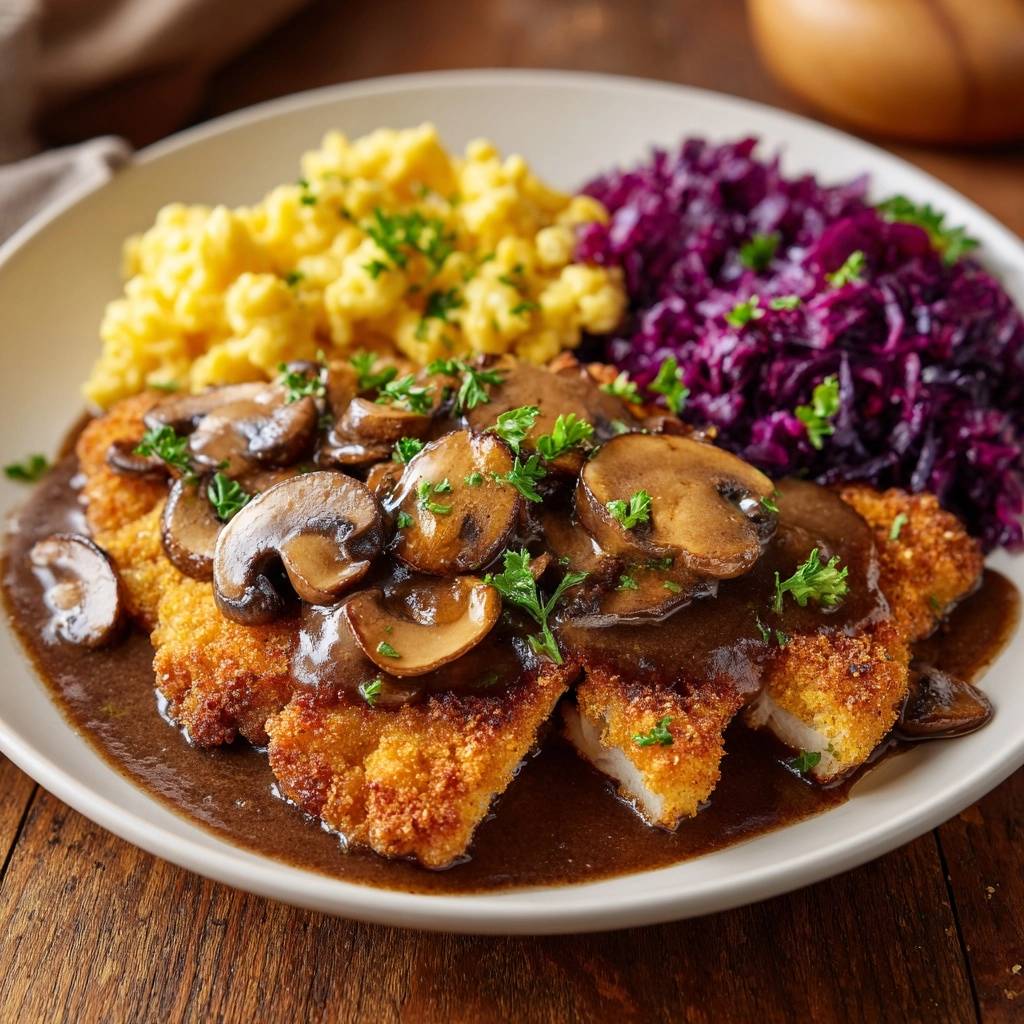 Knuspriges Hähnchenschnitzel mit Pilzrahmsauce, nahaufnahme mit frischer Petersilie garniert und Beilagen.