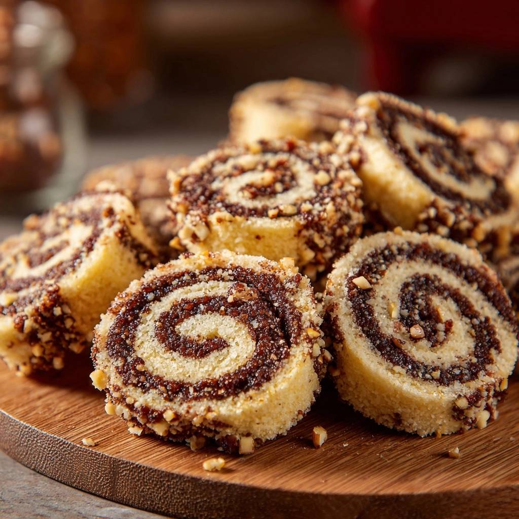 Haselnuss-Schoko-Spiralplätzchen zeigen hier ihren verführerischen Querschnitt mit der Schoko-Füllung und dem goldgelben Teig.