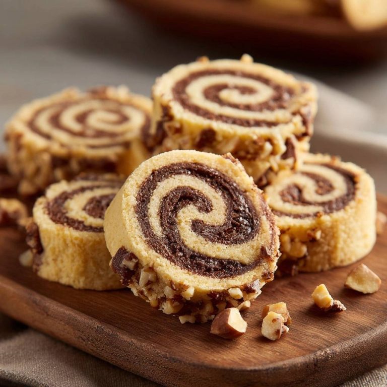 Haselnuss-Schoko-Spiralplätzchen im Nahaufnahme-Querschnitt, der die köstliche Schokoladenfüllung und die Haselnuss-Umrandung zeigt.