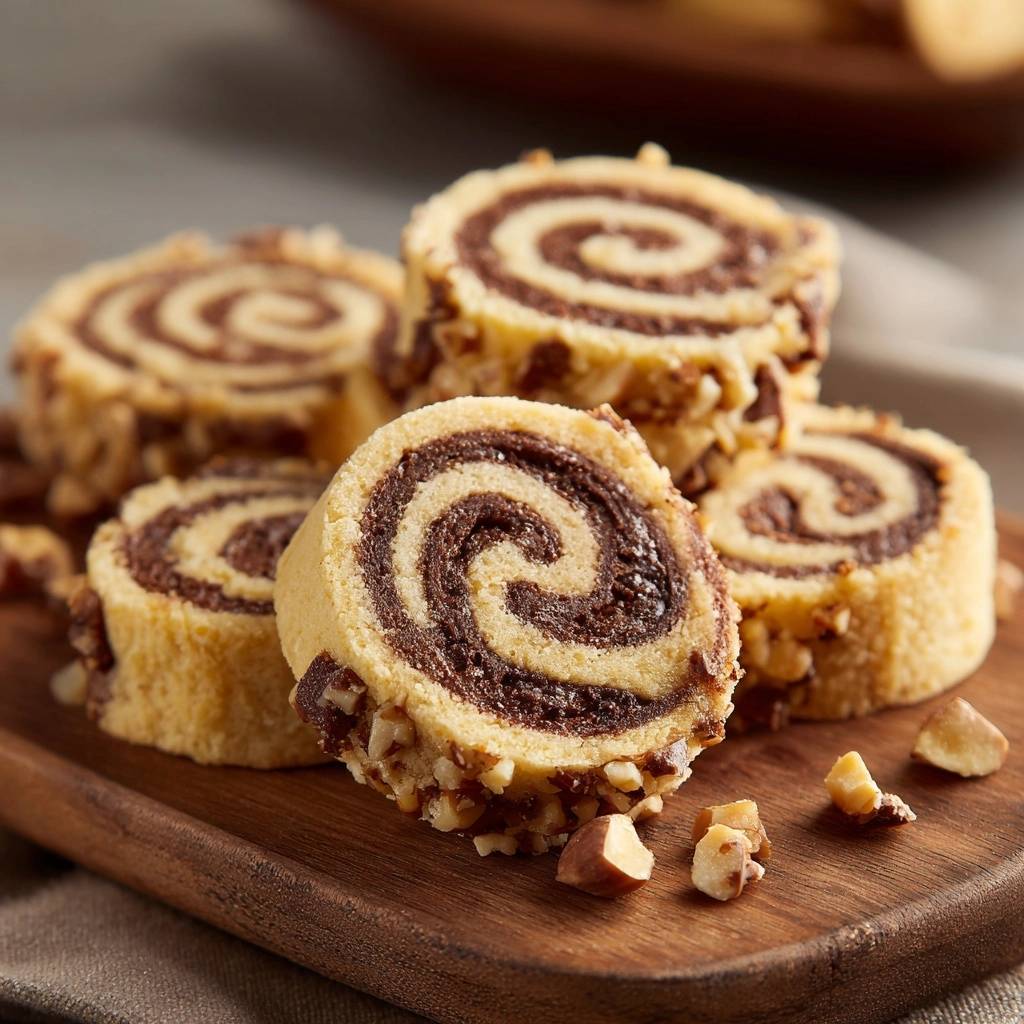 Haselnuss-Schoko-Spiralplätzchen im Nahaufnahme-Querschnitt, der die köstliche Schokoladenfüllung und die Haselnuss-Umrandung zeigt.