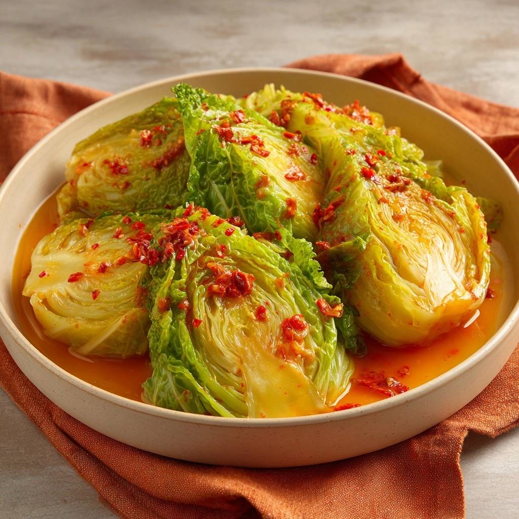 Hausgemachtes Koreanisches Kimchi serviert auf einem Teller, garniert mit Chili-Flocken, bereit zum Genießen. Ein Appetit-anregendes Gericht.