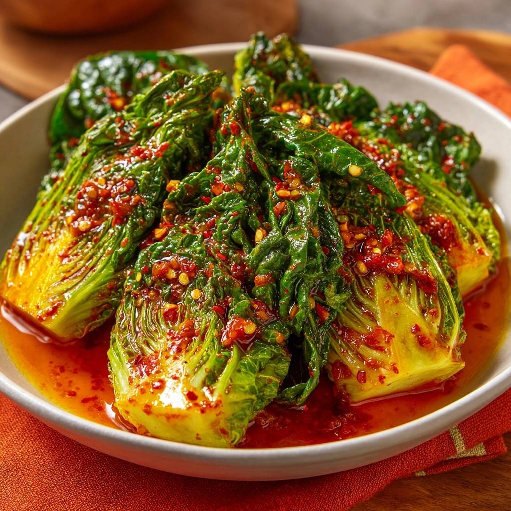 Hausgemachtes Koreanisches Kimchi serviert in einer Schüssel, mit einer Nahaufnahme, die die Textur und die reichhaltige rote Sauce zeigt.