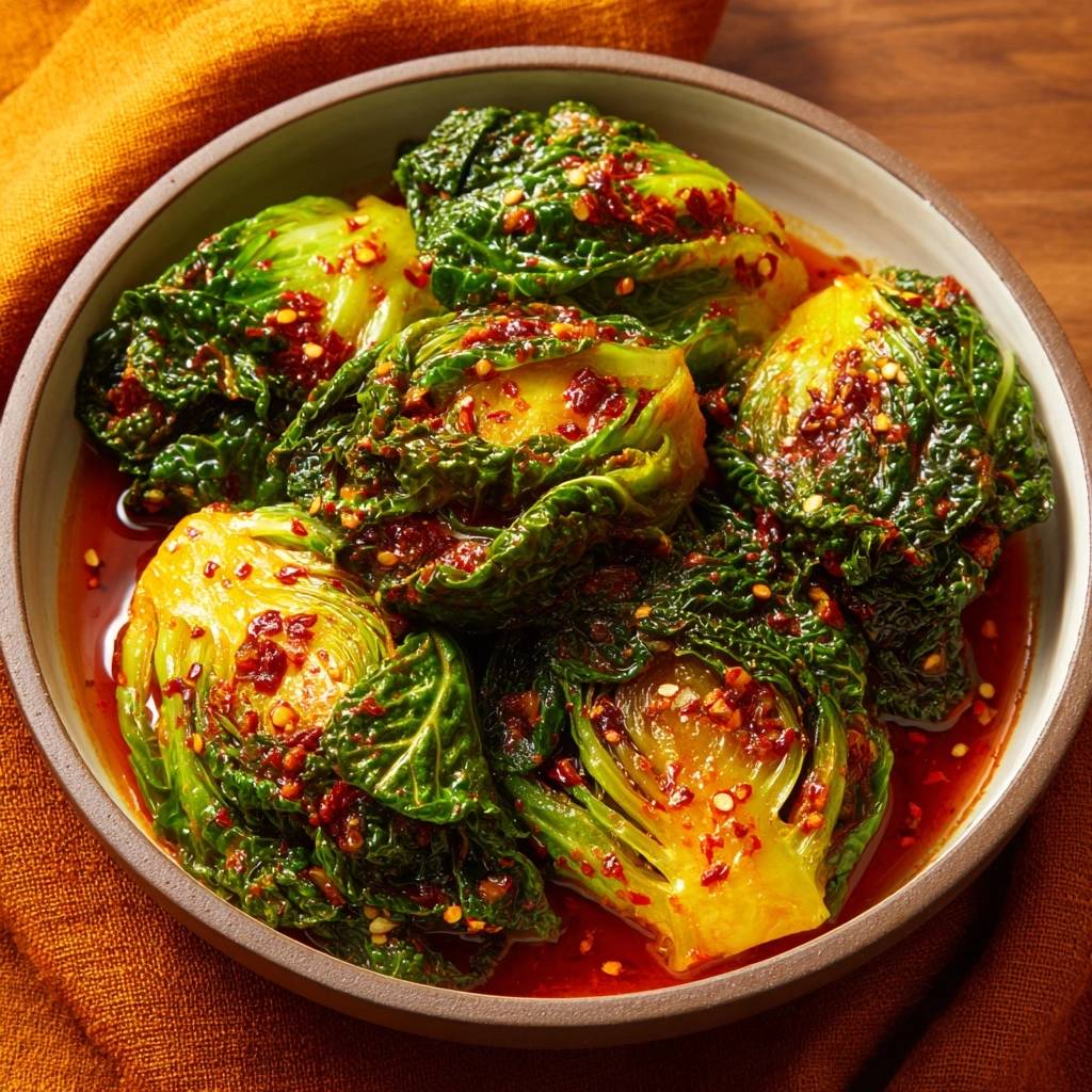 Hausgemachtes Koreanisches Kimchi Querschnitt Nahaufnahme 1 Hausgemachtes Koreanisches Kimchi in Nahaufnahme zeigt einen köstlichen Querschnitt der fermentierten Kohlblätter, die in einer würzigen Sauce schwimmen.