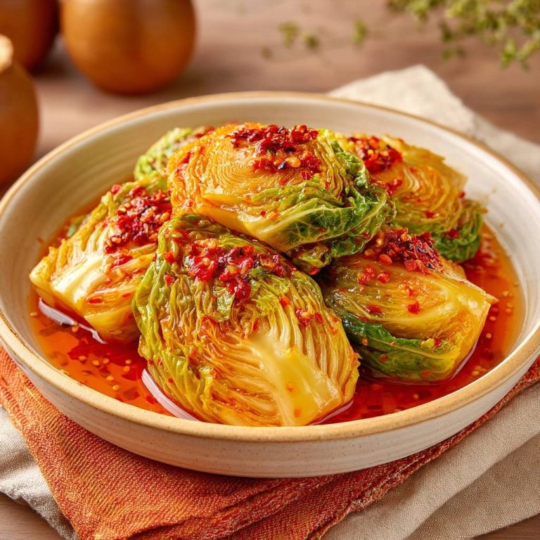 Hausgemachtes Koreanisches Kimchi Rezept, serviert in einer Schüssel, mit reichlich rotem Chili-Topping und einer köstlichen, würzigen Sauce.