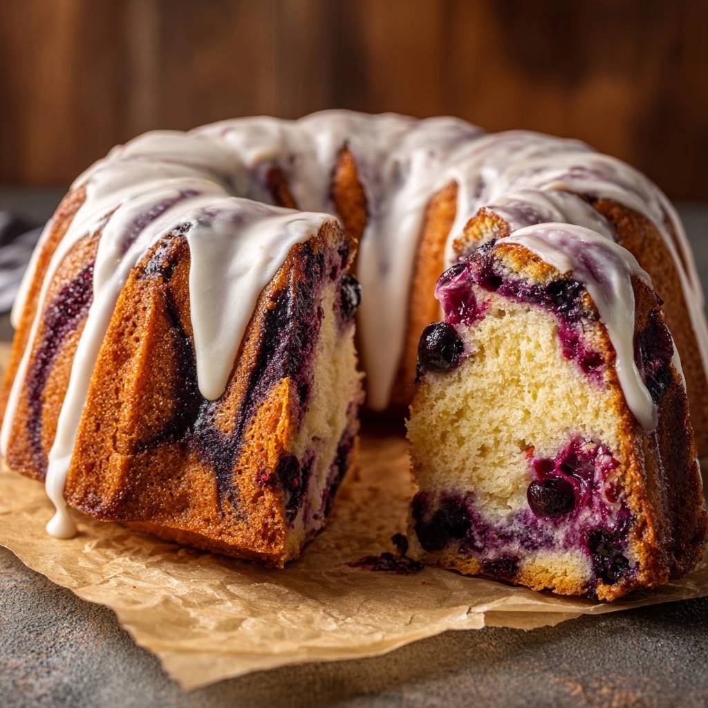 Heidelbeer Swirl Gugelhupf Querschnitt Nahaufnahme 1 Heidelbeer-Swirl-Gugelhupf im Anschnitt, der die saftige Textur und die reichlichen Heidelbeeren in Nahaufnahme zeigt, mit köstlichem Zuckerguss.