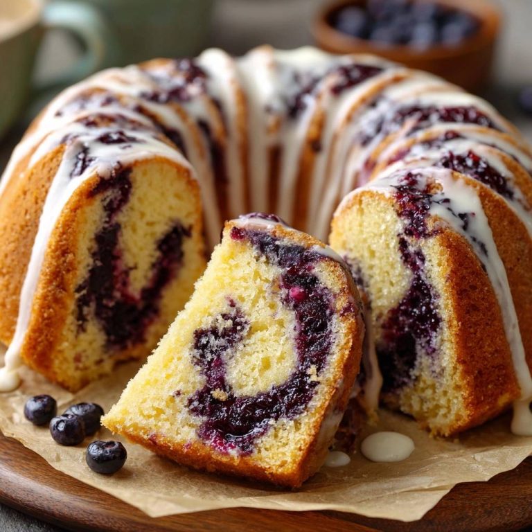 Heidelbeer-Swirl-Gugelhupf im Anschnitt: Ein köstlicher Gugelhupf mit Blaubeerwirbel, der die saftige Textur und den fruchtigen Kern zeigt.