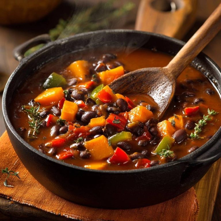 Herbstlicher Kürbis-Bohnen-Eintopf in einer gusseisernen Pfanne, mit einem Holzlöffel, der gerade aus der köstlichen Suppe schöpft.
