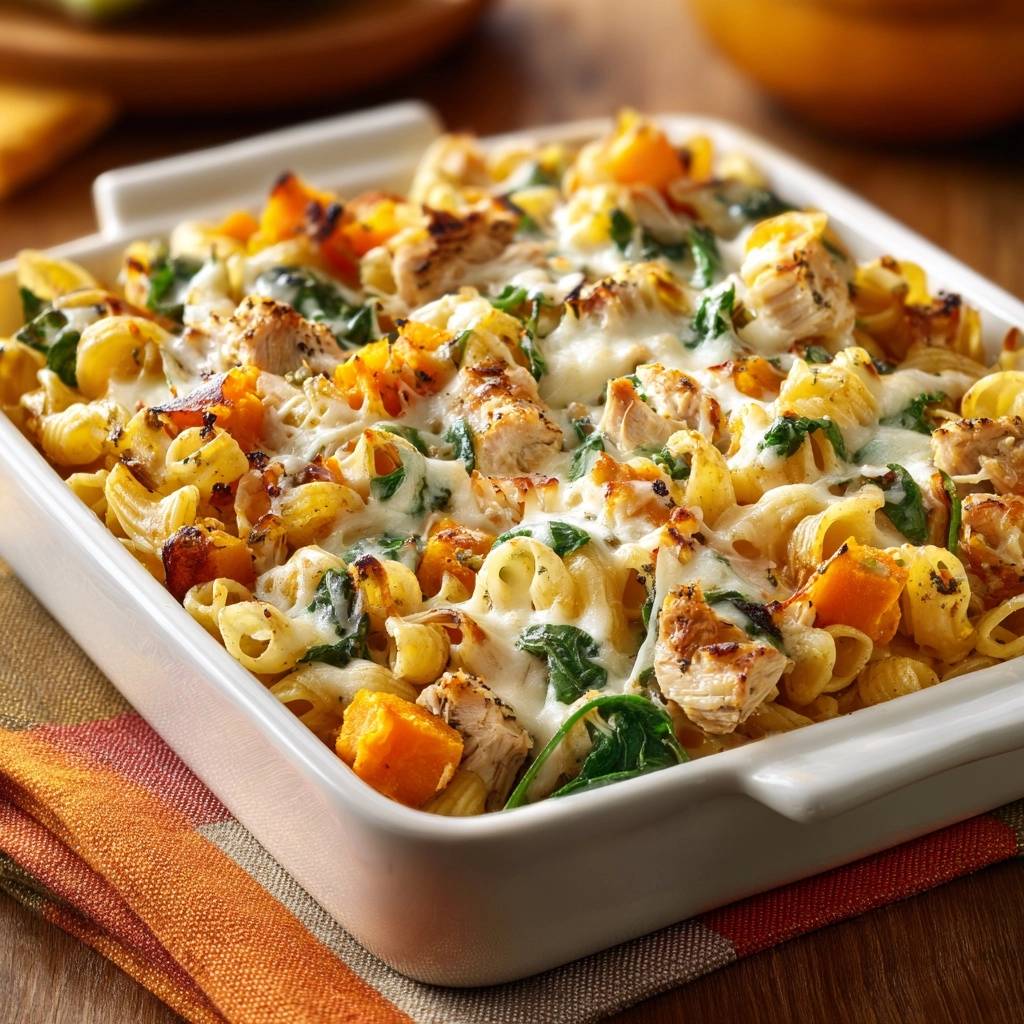 Herbstlicher Kuerbis Haehnchen Mac And Cheese Draufsicht 1 Herbstlicher Kürbis-Hähnchen-Mac-and-Cheese in einer Auflaufform, serviert und von oben fotografiert, mit geschmolzenem Käse bedeckt.