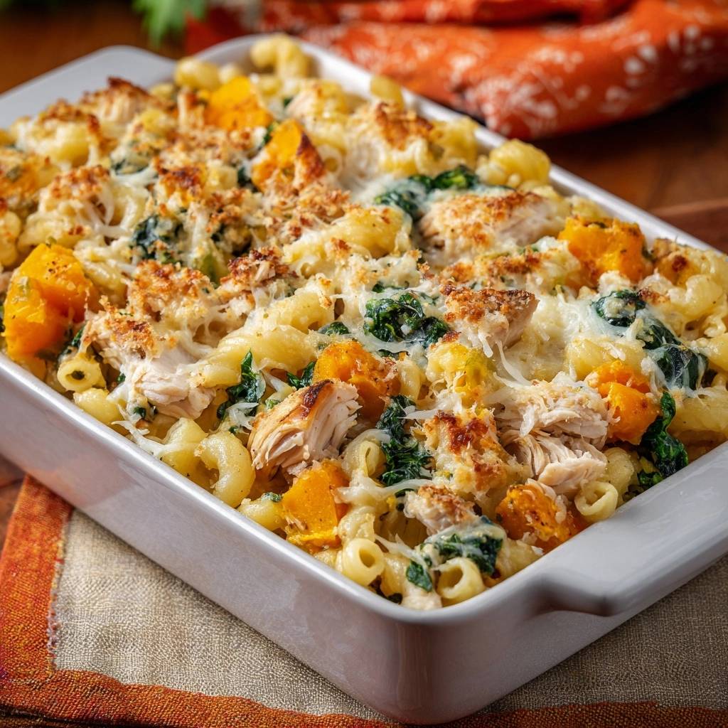 Herbstlicher Kürbis-Hähnchen-Mac-and-Cheese in einer Auflaufform, serviert mit Kürbis, Hähnchen und Käse von oben betrachtet.