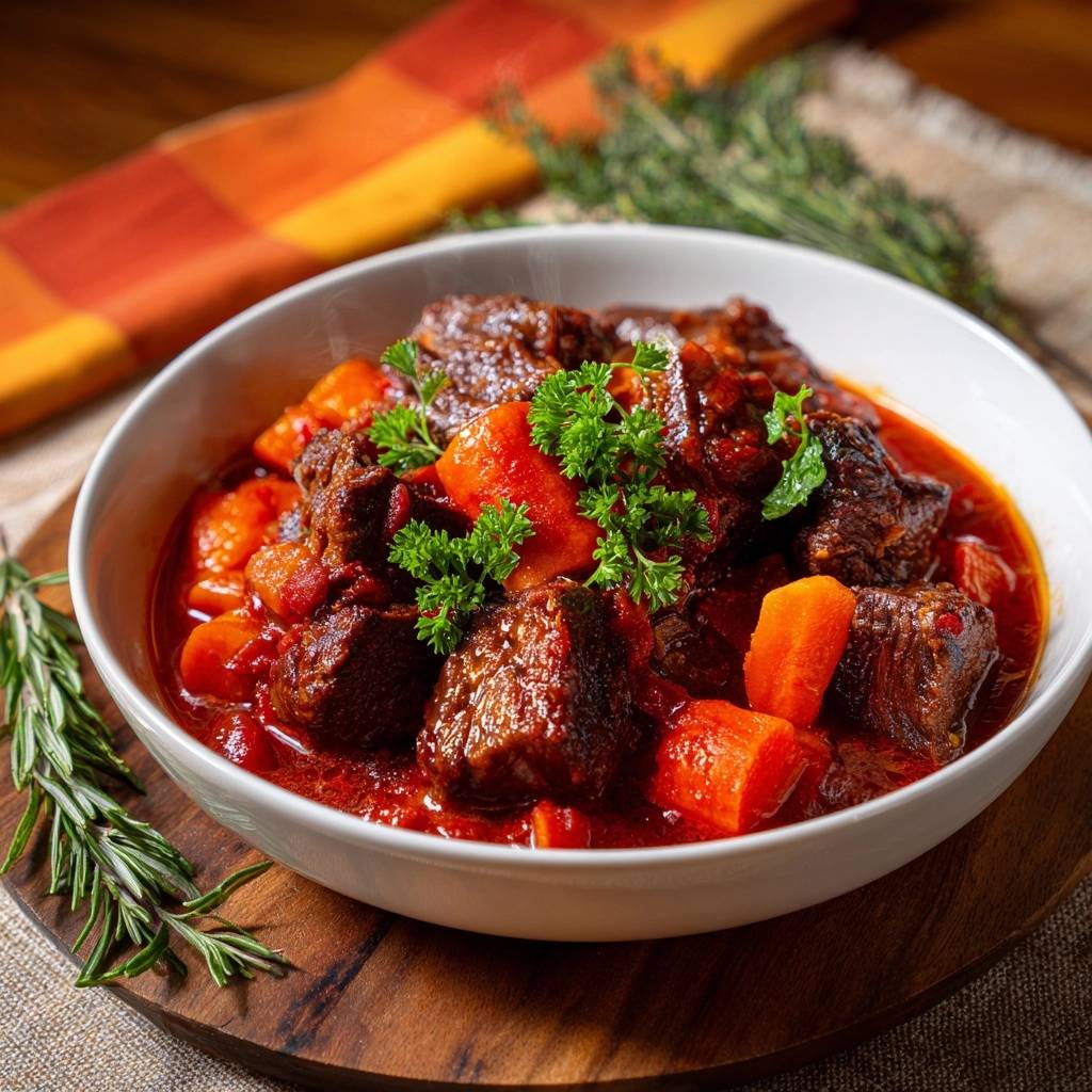 Herzhaftes Rindergulasch mit Karotten in Nahaufnahme, garniert mit frischer Petersilie und dampfend in einer weißen Schüssel serviert.