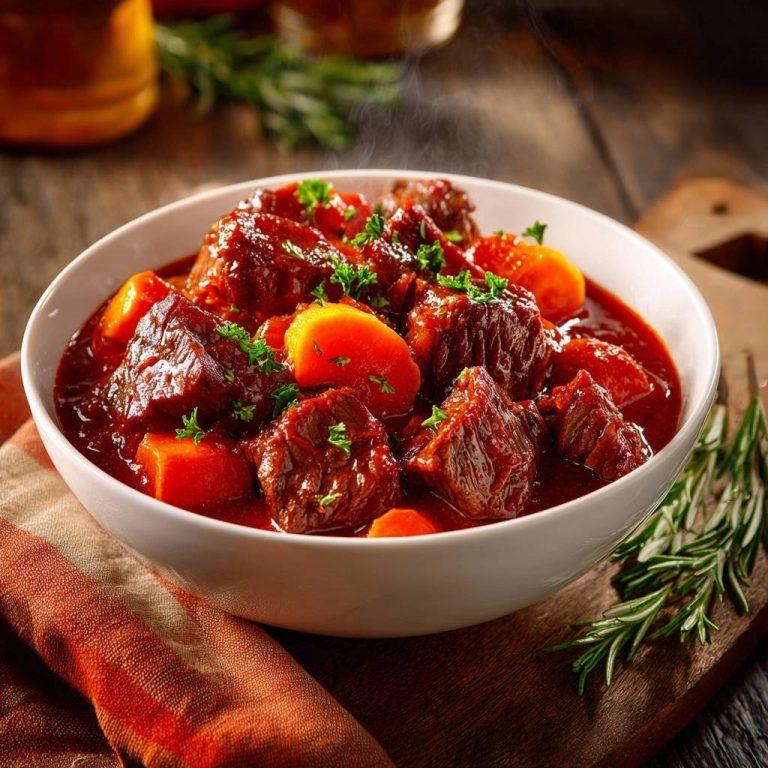 Herzhaftes Rindergulasch mit Karotten in einer Nahaufnahme, serviert in einer weißen Schüssel, angerichtet mit frischer Petersilie.