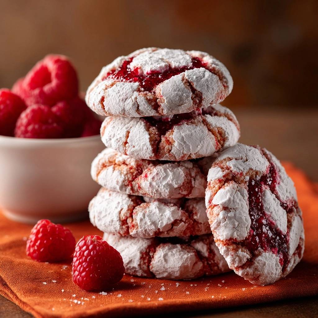 Himbeer-Crinkle-Kekse in Nahaufnahme als Stapel arrangiert, mit Puderzucker überzogen und Himbeermarmelade gefüllt. Köstliches Gebäck für den Genuss.