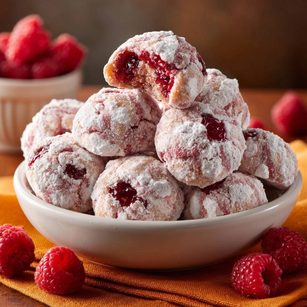 Himbeer-Crinkle-Kekse zeigen einen köstlichen Querschnitt mit der roten Himbeermarmelade im Inneren. Diese Kekse sind mit Puderzucker bestäubt.