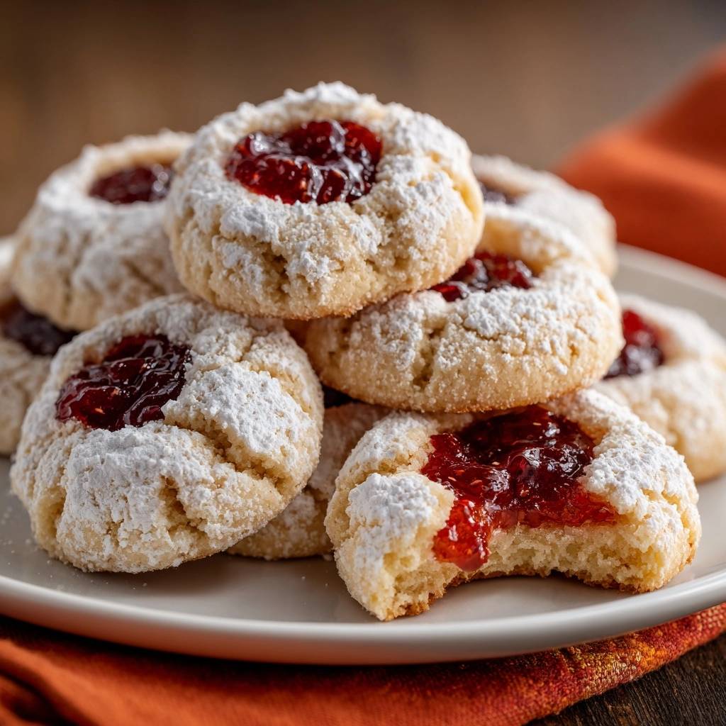 Himbeer Marmeladen Plaetzchen Nahaufnahme Gebissen 1 Himbeer-Marmeladen-Plätzchen in Nahaufnahme, eines davon mit einem Biss, der die fruchtige Marmeladenfüllung zeigt und die Textur des Kekses.