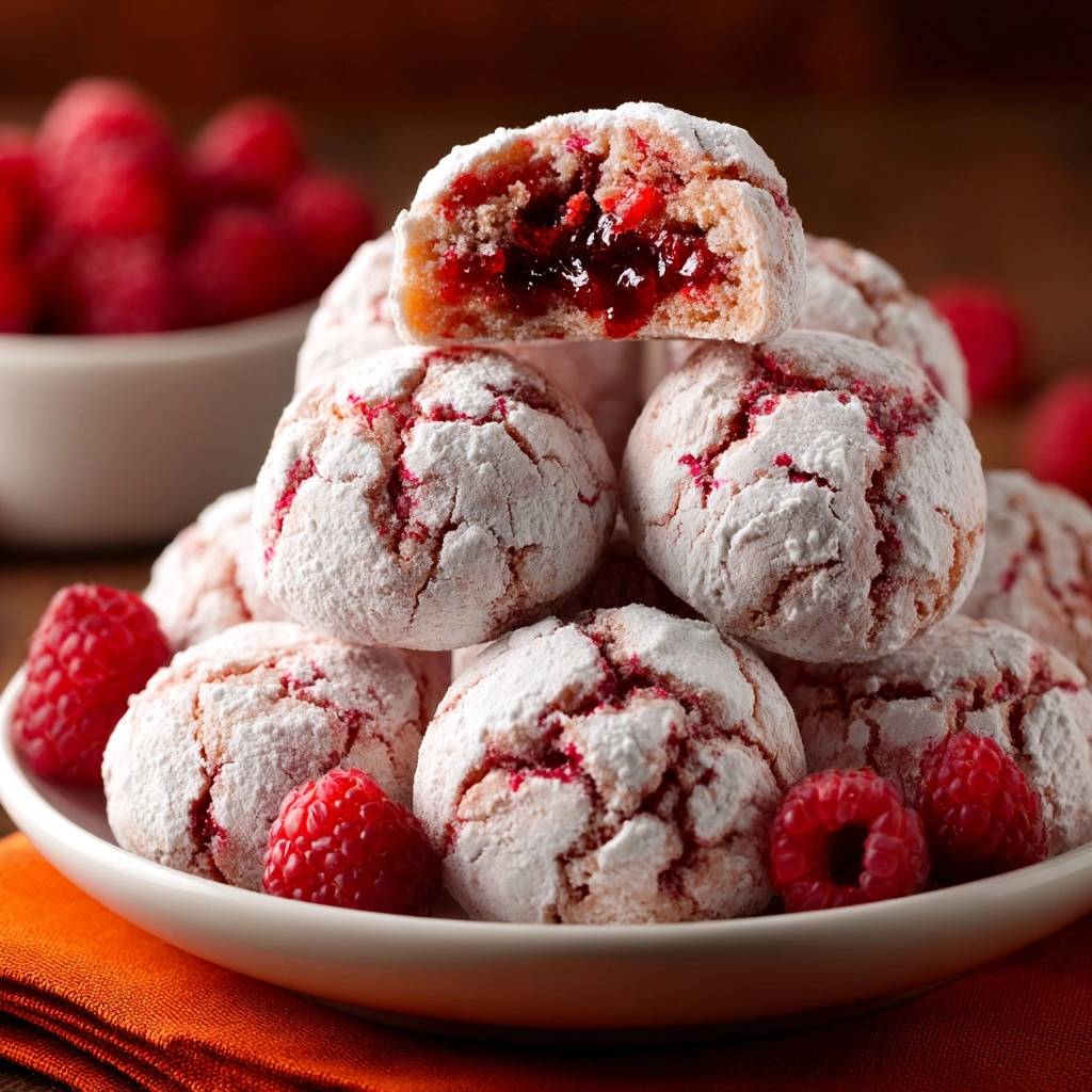 Himbeer Schneekugeln Querschnitt Innenansicht 1 Himbeer-Schneekugeln mit einem Anschnitt, der die fruchtige Himbeerfüllung zeigt. Die Schneekugeln sind mit Puderzucker bestäubt.