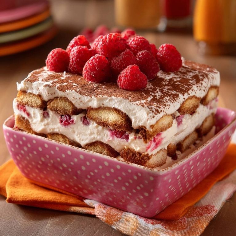 Himbeer-Tiramisu mit frischen Himbeeren, die auf dem cremigen Dessert drapiert sind, in einer Nahaufnahme. Die Schichten aus Löffelbiskuits und Creme sind deutlich sichtbar.