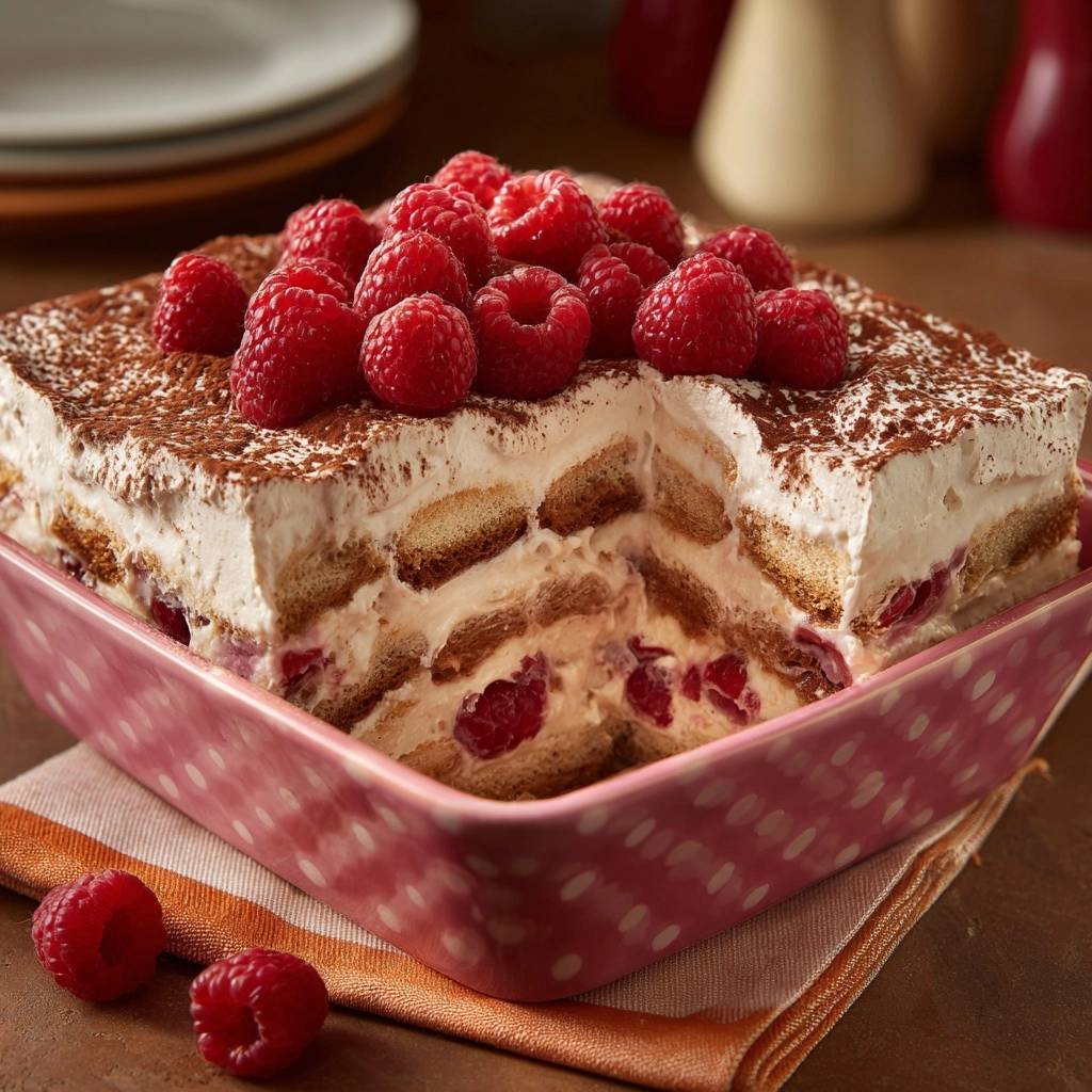 Himbeer Tiramisu Querschnitt Nahaufnahme 1 Himbeer-Tiramisu zeigt einen appetitlichen Querschnitt, der die cremigen Schichten und frischen Himbeeren im Detail offenbart.