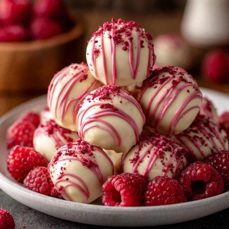 Himbeer-Weißschokoladen-Trüffel in Nahaufnahme serviert, mit weißer Schokolade überzogen und mit Himbeerstaub bestreut, umgeben von frischen Himbeeren.