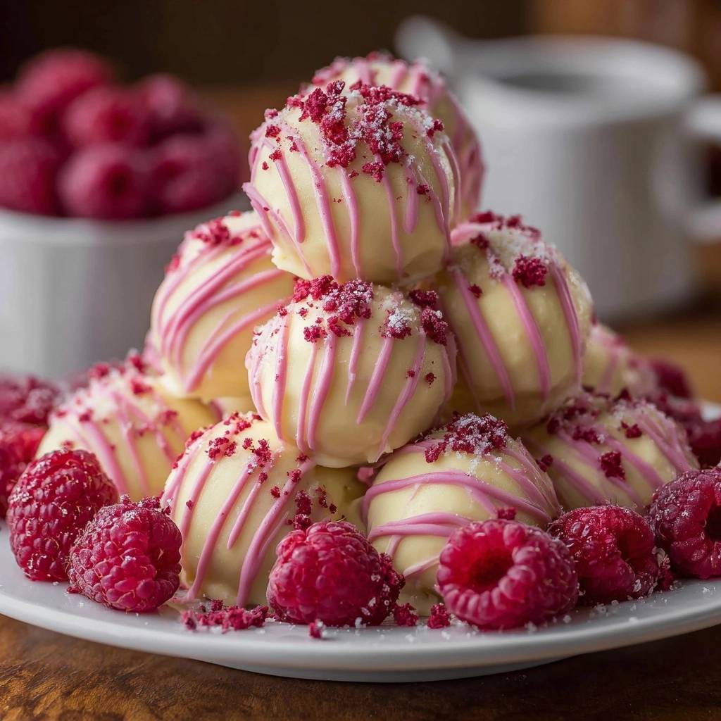 Himbeer-Weißschokoladen-Trüffel auf einem Teller serviert, in einer pyramidenförmigen Anordnung mit frischen Himbeeren dekoriert.