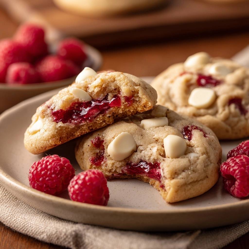 Himbeer-Weiße-Schokolade-Cookies angeschnitten zeigen den saftigen Kern mit Himbeeren und weißer Schokolade.
